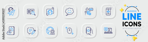 Video conference, Translation service and Fitness line icons for web app. Pack of Health app, Medical help, Scroll down pictogram icons. Mail, Paper plane, Search text signs. Chat bubble. Vector