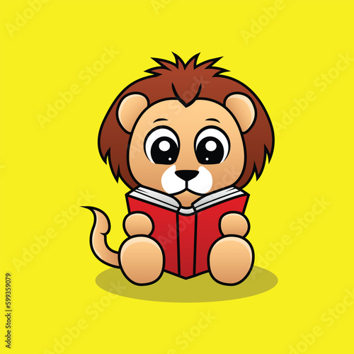 Vector cute baby lion reading book mascot illustration, cartoon, study, knowledge
