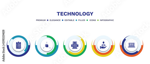 set of technology filled icons. technology filled icons with infographic template. flat icons such as summary, cad, dialysis, client, digitate vector.