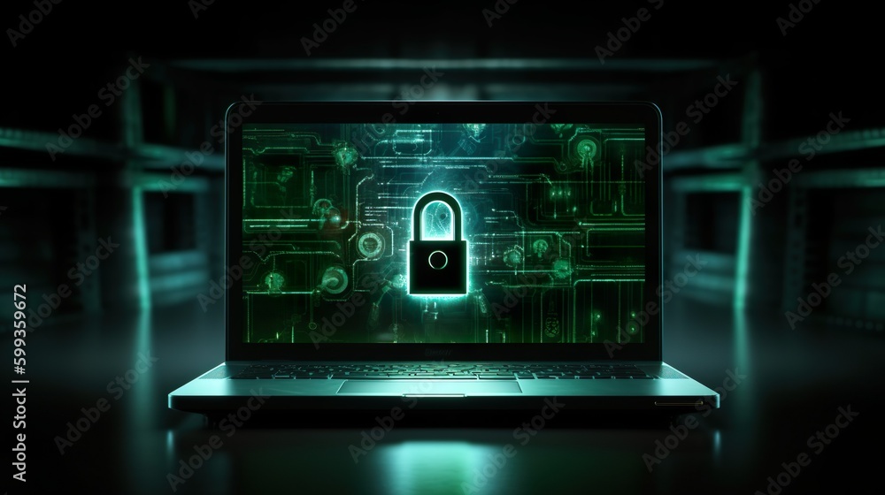 Der Bildschirm eines Laptops vor dem ein Schloss vor einem grün leuchtenden Hintergrund schwebt Der Bildschirm eines Laptops vor dem ein Schloss vor einem grün leuchtenden Hintergrund schwebt
