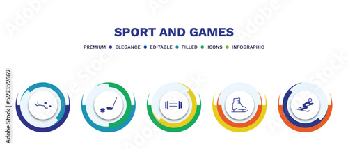 set of sport and games filled icons. sport and games filled icons with infographic template. flat icons such as volleyball motion, equipment, gym weight, ice skating, slalom vector.