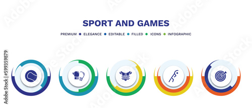 set of sport and games filled icons. sport and games filled icons with infographic template. flat icons such as tennis sport ball, boxing glove, chest guard, stretching, dartboard with dart vector.