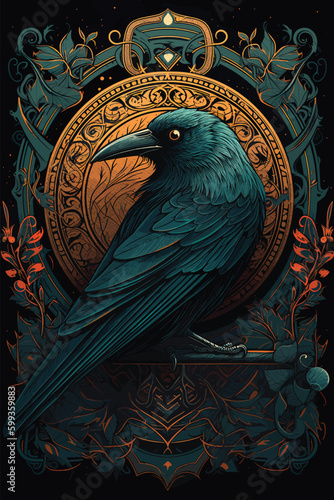 Turquoise crow and retro pattern background. vector illustration