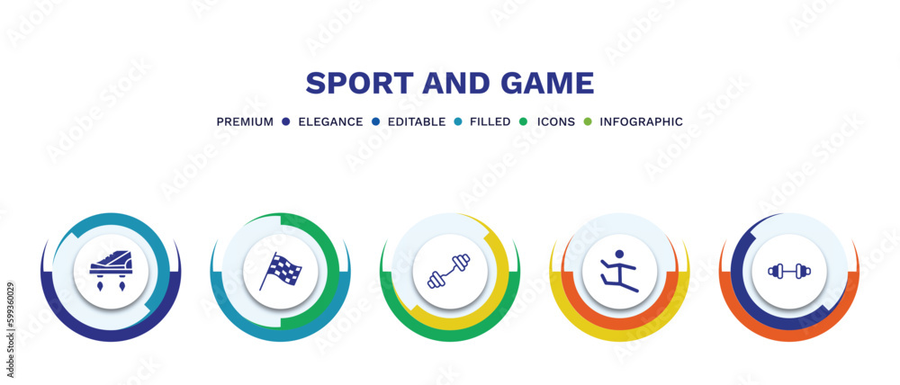 set of sport and game filled icons. sport and game filled icons with infographic template. flat icons such as flying shoes, chequered flag, weighted bars, dancer motion, gym weight vector. set of sport and game filled icons. sport and game filled icons with infographic template. flat icons such as flying shoes, chequered flag, weighted bars, dancer motion, gym weight vector.