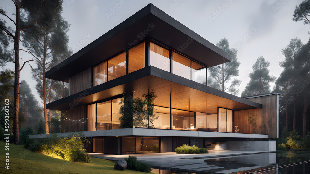 Obraz premium Capture the essence of modern living with this stunning stock photo featuring an elegant house design with a harmonious blend of wood, glass, and concrete, surrounded by a serene natural setting.
