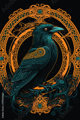 Turquoise crow and retro pattern background. vector illustration