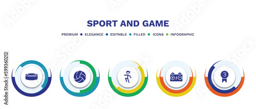 set of sport and game filled icons. sport and game filled icons with infographic template. flat icons such as hockey puck, volleyball ball, wushu, batter, third vector.