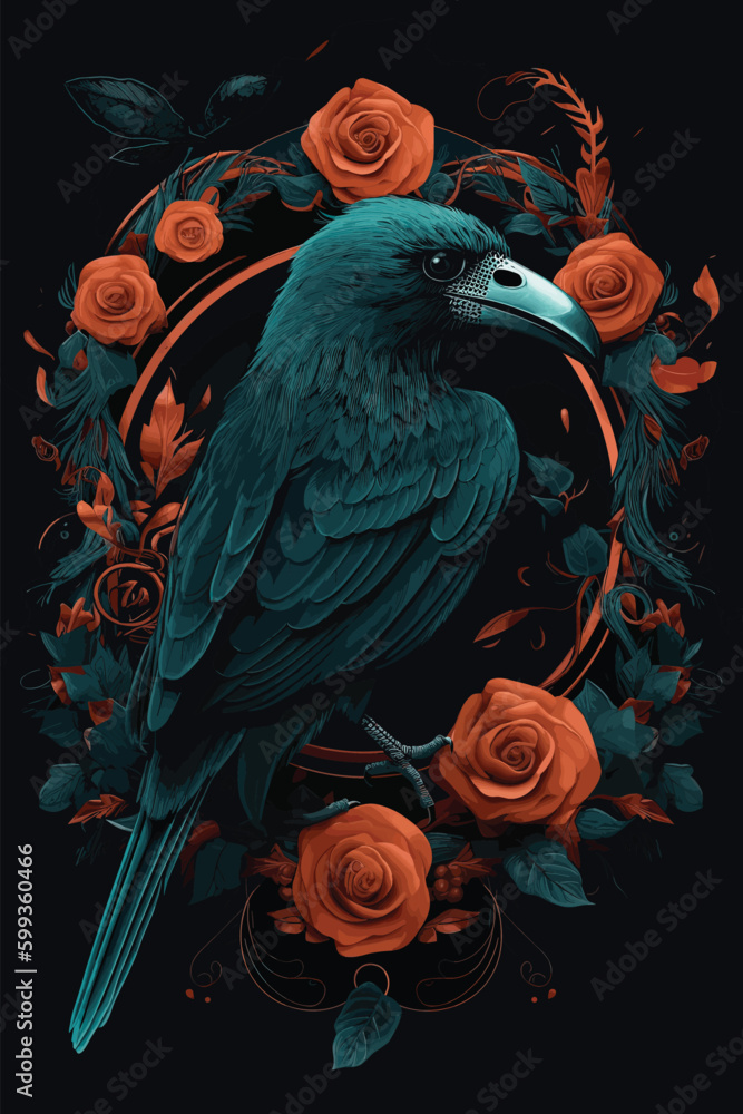Fototapeta premium Turquoise crow and retro pattern background. vector illustration. raven and rose.