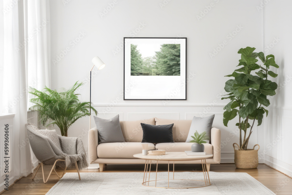 Fototapeta premium Scandinavian living room with blank poster frame, beige sofa, and green plant