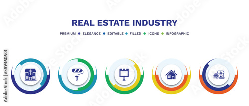 set of real estate industry filled icons. real estate industry filled icons with infographic template. flat icons such as mansion, paint roll, billboard, property, houses vector.