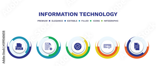 set of information technology filled icons. information technology filled icons with infographic template. flat icons such as jsx, compiler, authorize, http, page vector.