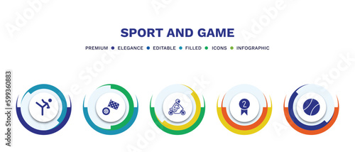 set of sport and game filled icons. sport and game filled icons with infographic template. flat icons such as taekwondo, motor sports, motorbike riding, second prize, tennis sport ball vector.