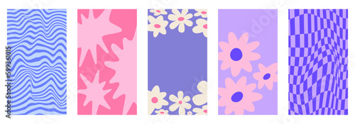 Vector illustration, vertical abstract backgrounds and graphic prints - decorative stories templates with copy space for text for social media in y2k groovy minimal style