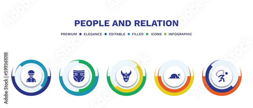 set of people and relation filled icons. people and relation filled icons with infographic template. flat icons such as muslim man, baby diaper, devil mask, sujud, burden vector.