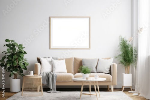 Scandinavian living room with blank poster frame  beige sofa  and green plant