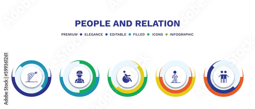 set of people and relation filled icons. people and relation filled icons with infographic template. flat icons such as ruku, technician, handicapped, bast, brothers vector.