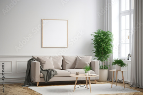 Scandinavian living room with blank poster frame, beige sofa, and green plant © Georg Lösch