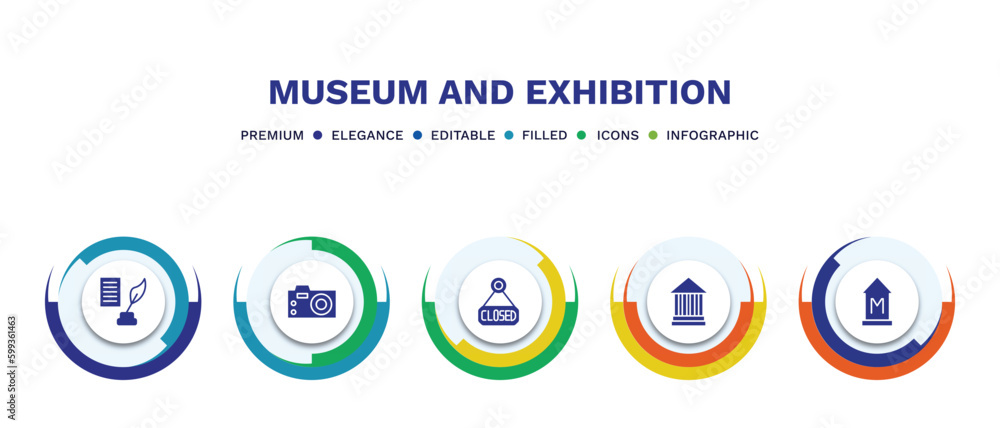 set of museum and exhibition filled icons. museum and exhibition filled icons with infographic template. flat icons such as poetry, photographic, closed, modern art, vector. set of museum and exhibition filled icons. museum and exhibition filled icons with infographic template. flat icons such as poetry, photographic, closed, modern art, vector.