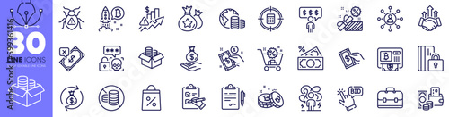 Sale, Networking and Money exchange line icons pack. Change money, Software bug, Checklist web icon. Calculator target, Budget, Rise price pictogram. Bitcoin atm, Portfolio, Bid offer. Vector