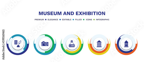 set of museum and exhibition filled icons. museum and exhibition filled icons with infographic template. flat icons such as poetry, photographic, closed, modern art, vector.