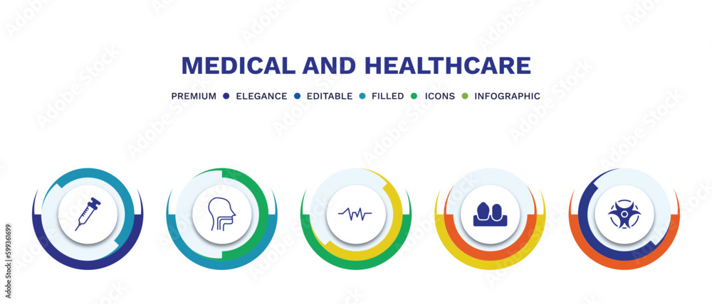 set of medical and healthcare filled icons. medical and healthcare filled icons with infographic template. flat icons such as syringe with medicine, pharynx, pulse line, canine, biological warning set of medical and healthcare filled icons. medical and healthcare filled icons with infographic template. flat icons such as syringe with medicine, pharynx, pulse line, canine, biological warning