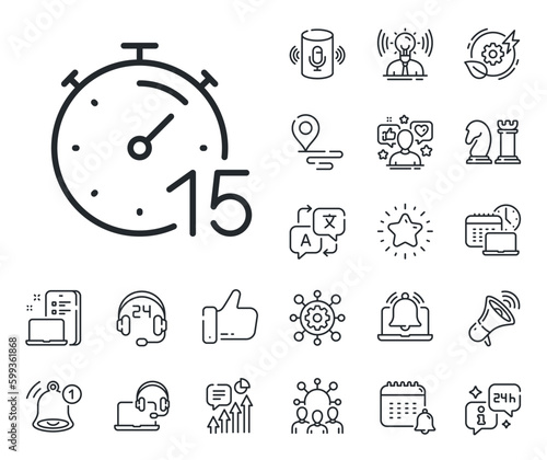 Stopwatch time sign. Place location, technology and smart speaker outline icons. Timer 15 minutes line icon. Countdown clock symbol. Timer line sign. Influencer, brand ambassador icon. Vector