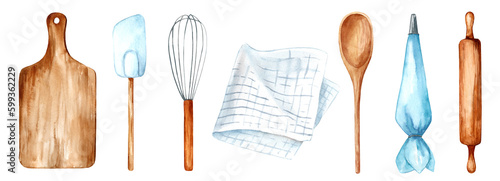 Kitchen set: rolling pin, pastry bag, whisk, spatula and spoon isolated on white background. Watercolor hand drawn illustration for menu, cookbook