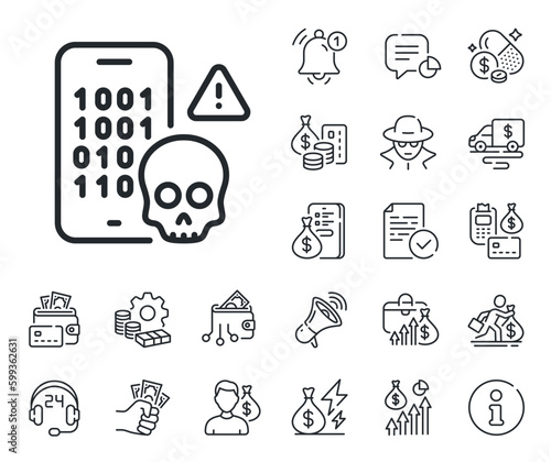 Ransomware threat sign. Cash money, loan and mortgage outline icons. Cyber attack line icon. Phone hacking symbol. Cyber attack line sign. Credit card, crypto wallet icon. Vector