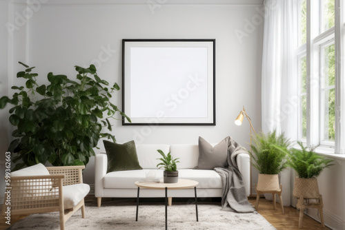 Scandinavian living room with blank poster frame  beige sofa  and green plant
