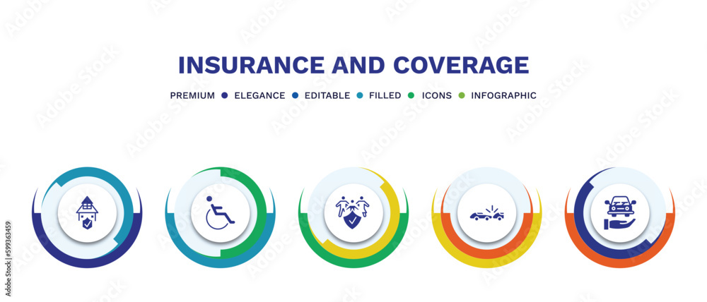 set of insurance and coverage filled icons. insurance and coverage filled icons with infographic template. flat icons such as replacement value, disabled, family insurance, rear end collision, set of insurance and coverage filled icons. insurance and coverage filled icons with infographic template. flat icons such as replacement value, disabled, family insurance, rear end collision,