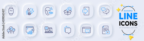 Like, Lock and Return package line icons for web app. Pack of Energy inflation, Messenger, Voice wave pictogram icons. Approved, Online rating, Seo message signs. Smartwatch, Login, Wallet. Vector
