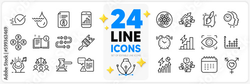 Icons set of Manual, Time management and Graph phone line icons pack for app with Cable section, Eye detect, Judge hammer thin outline icon. Brush, Clipboard, Genders pictogram. Noise. Vector