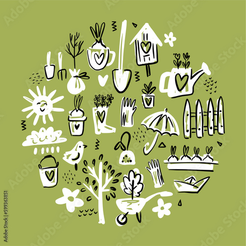 Round pattern of gardening and farming accessories, hand-drawn in doodle style