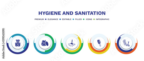 set of hygiene and sanitation filled icons. hygiene and sanitation filled icons with infographic template. flat icons such as baby wipe, gel, wet cleaning, primp, grooming vector.