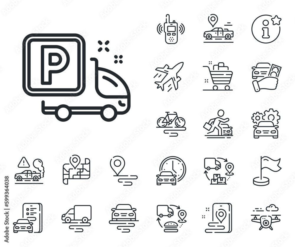 Car park sign. Plane, supply chain and place location outline icons. Truck parking line icon. Transport place symbol. Truck parking line sign. Taxi transport, rent a bike icon. Travel map. Vector Car park sign. Plane, supply chain and place location outline icons. Truck parking line icon. Transport place symbol. Truck parking line sign. Taxi transport, rent a bike icon. Travel map. Vector