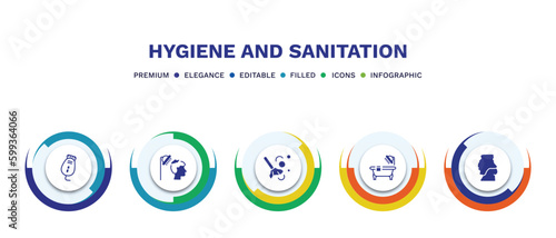 set of hygiene and sanitation filled icons. hygiene and sanitation filled icons with infographic template. flat icons such as epilator, hair washing, dust cleaning, bathroom, body shaming vector.