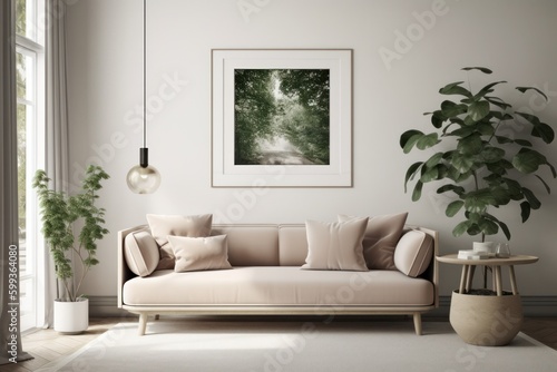 Scandinavian Living Room with Blank Poster Frame, Beige Sofa, and Green Plants © Georg Lösch