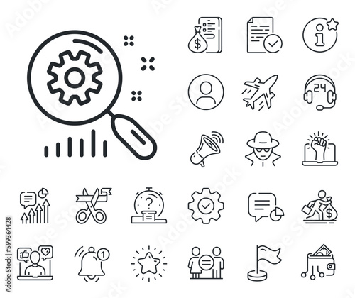 Find analysis sign. Salaryman, gender equality and alert bell outline icons. Search statistics line icon. Search statistics line sign. Spy or profile placeholder icon. Online support, strike. Vector