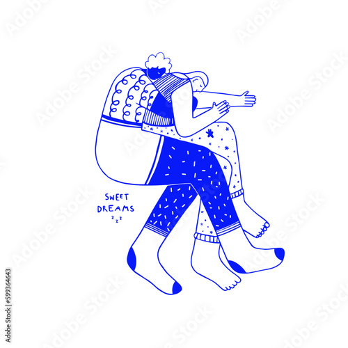 Two people showing affection to each other and lettering. Queer, gay, gender non conforming couple. Celebrating pride and the LGBTQ plus community. Minimalist, outline, blue vector illustration.