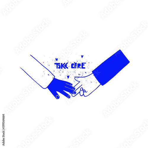 Illustration of two hands touching and the lettering TAKE CARE. Family, community, friends, partners supporting each other. Minimalist, outline, blue illustration.