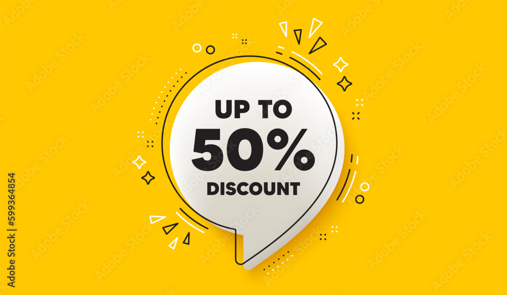 Up to 50 percent discount. 3d speech bubble yellow banner. Sale offer price sign. Special offer symbol. Save 50 percentages. Discount tag chat speech bubble message. Talk box infographics. Vector - obrazy, fototapety, plakaty 