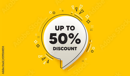 Up to 50 percent discount. 3d speech bubble yellow banner. Sale offer price sign. Special offer symbol. Save 50 percentages. Discount tag chat speech bubble message. Talk box infographics. Vector