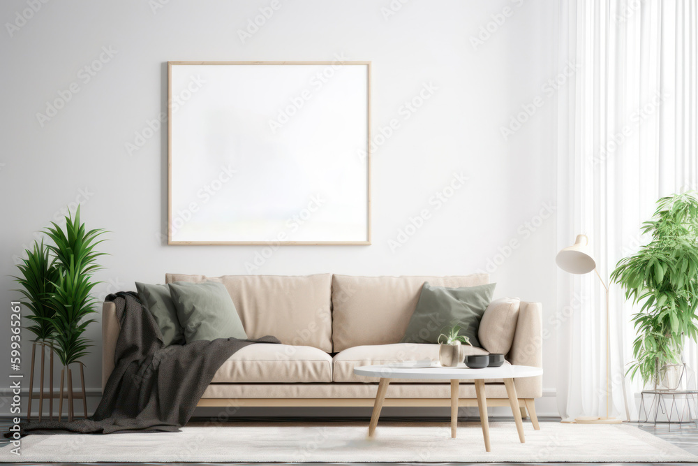 Scandinavian Living Room with Blank Poster Frame and Lush Plants Scandinavian Living Room with Blank Poster Frame and Lush Plants