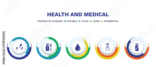 set of health and medical filled icons. health and medical filled icons with infographic template. flat icons such as sperm, syrup, blood, medical substance, proteins vector.