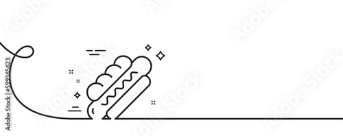 Hotdog line icon. Continuous one line with curl. Fast food sign. Sausage sandwich symbol. Hotdog single outline ribbon. Loop curve pattern. Vector