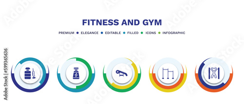 set of fitness and gym filled icons. fitness and gym filled icons with infographic template. flat icons such as steroids, phytonutrients, press simulator, horizontal bar, bar exercising vector.