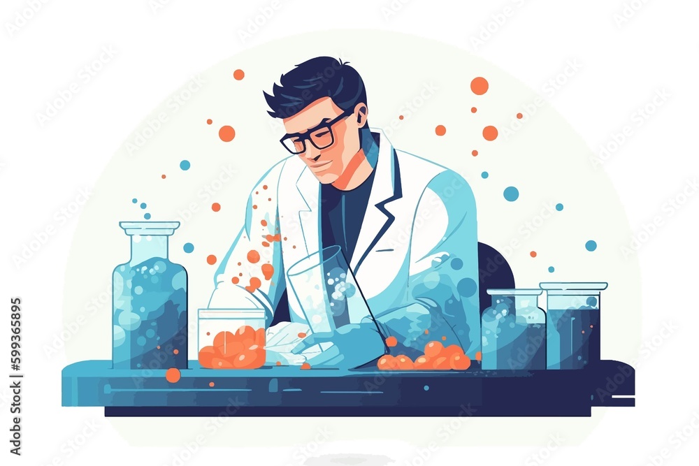 Scientist man in lab coat and glasses making experiment in chemical laboratory. Vector illustration Scientist man in lab coat and glasses making experiment in chemical laboratory. Vector illustration