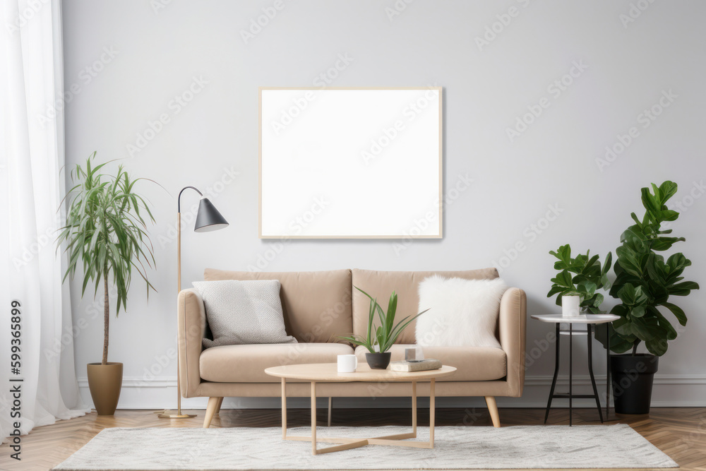 Scandinavian Living Room with Blank Poster Frame and Lush Plants Scandinavian Living Room with Blank Poster Frame and Lush Plants