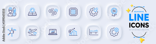 5g technology, Online statistics and Chemical formula line icons for web app. Pack of Medical flight, Seo gear, Column diagram pictogram icons. Thermometer, Digestion, Cogwheel signs. Vector