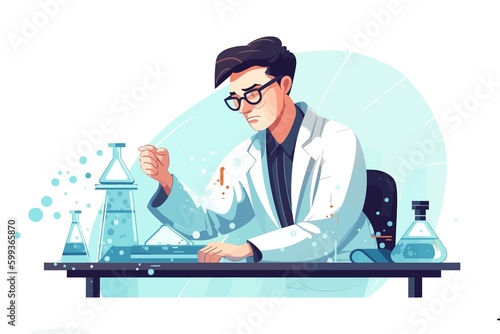 Scientist man in lab coat and glasses making experiment in chemical laboratory. Vector illustration